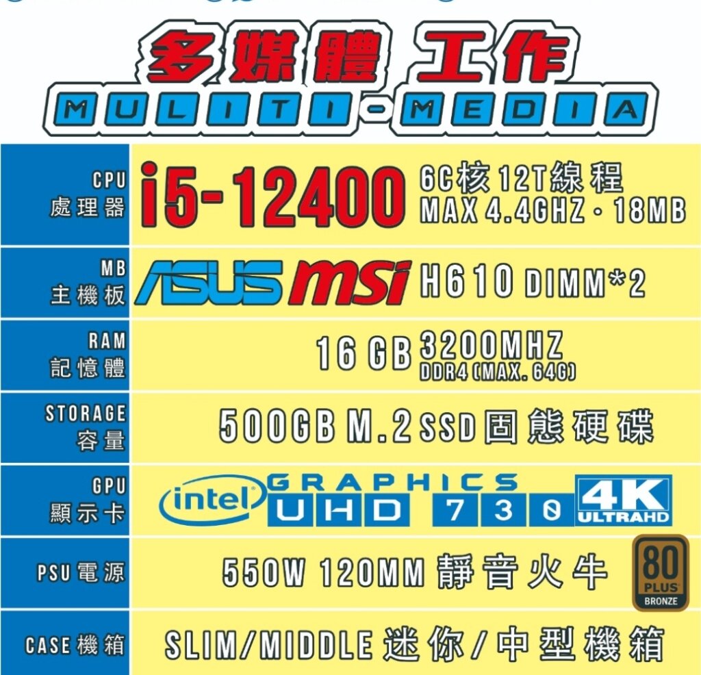 多媒體工作 i5-12400 砌機list