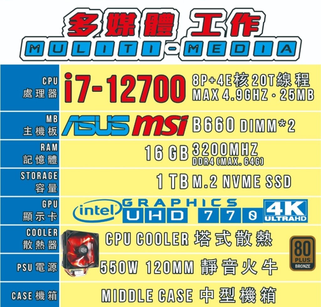 多媒體工作 i7-12700 砌機list